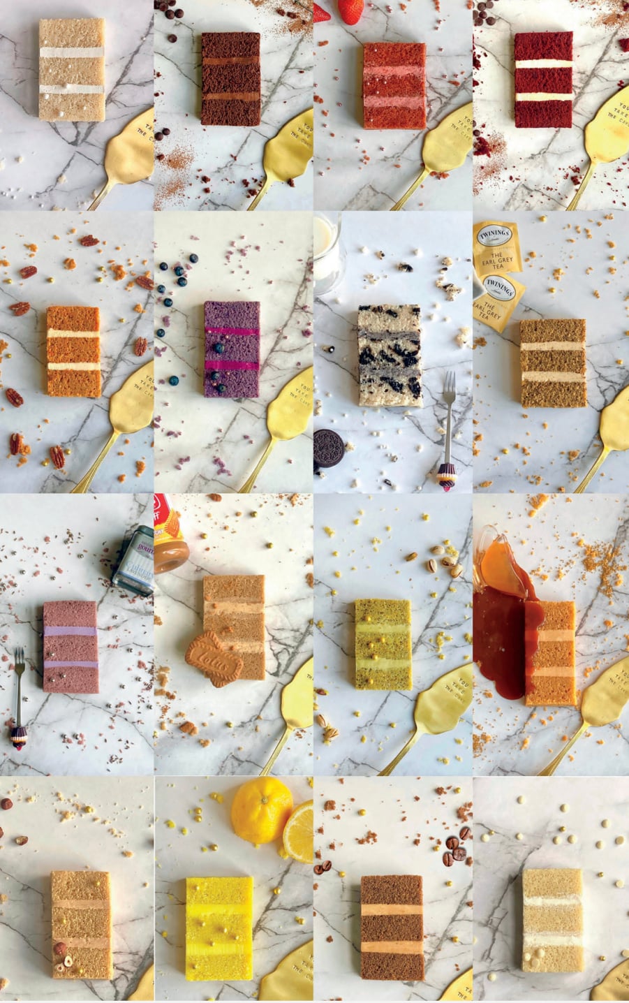 Selection of colourful layered cake sponge flavours