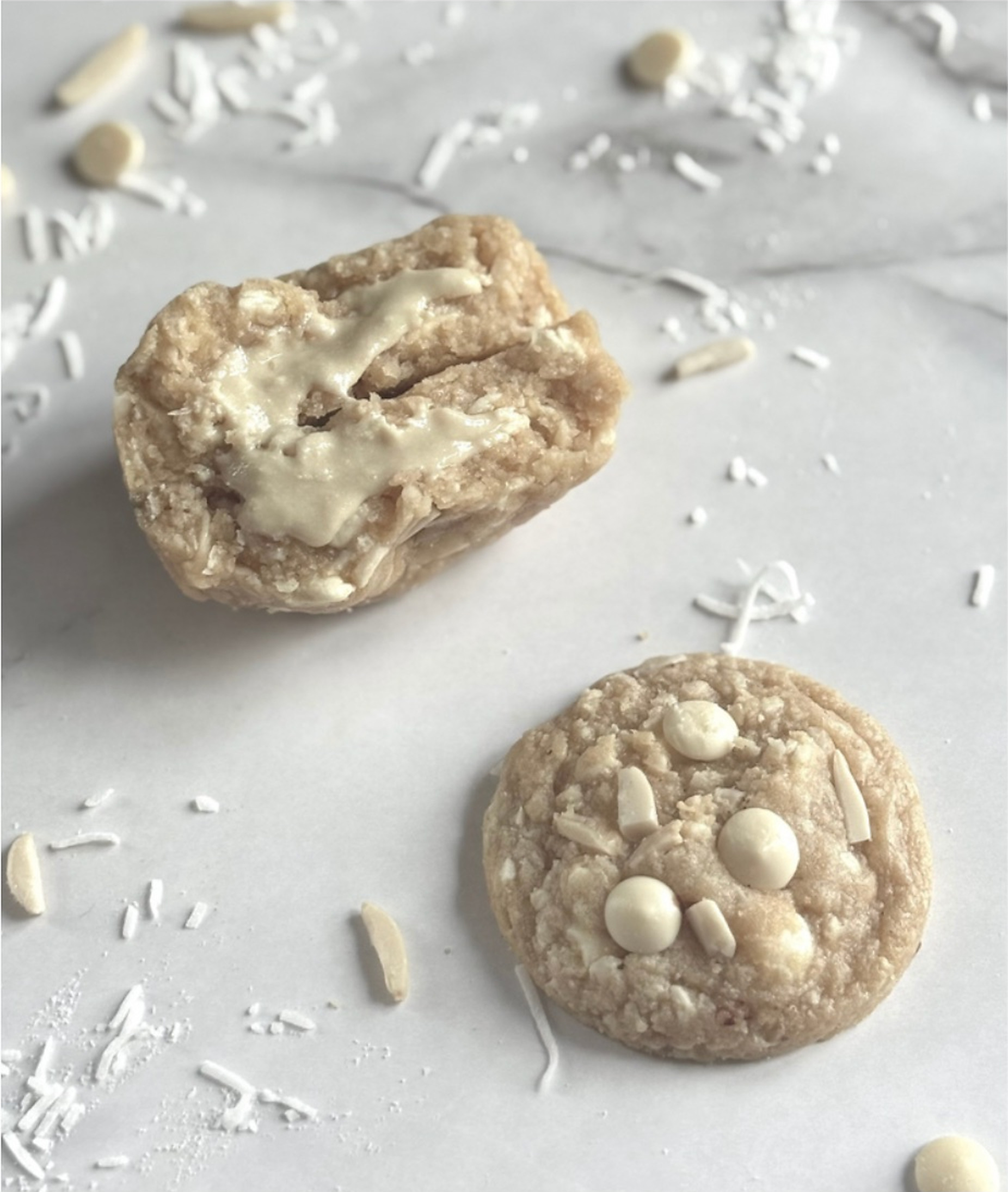 Coconut, almond and white chocolate cookies